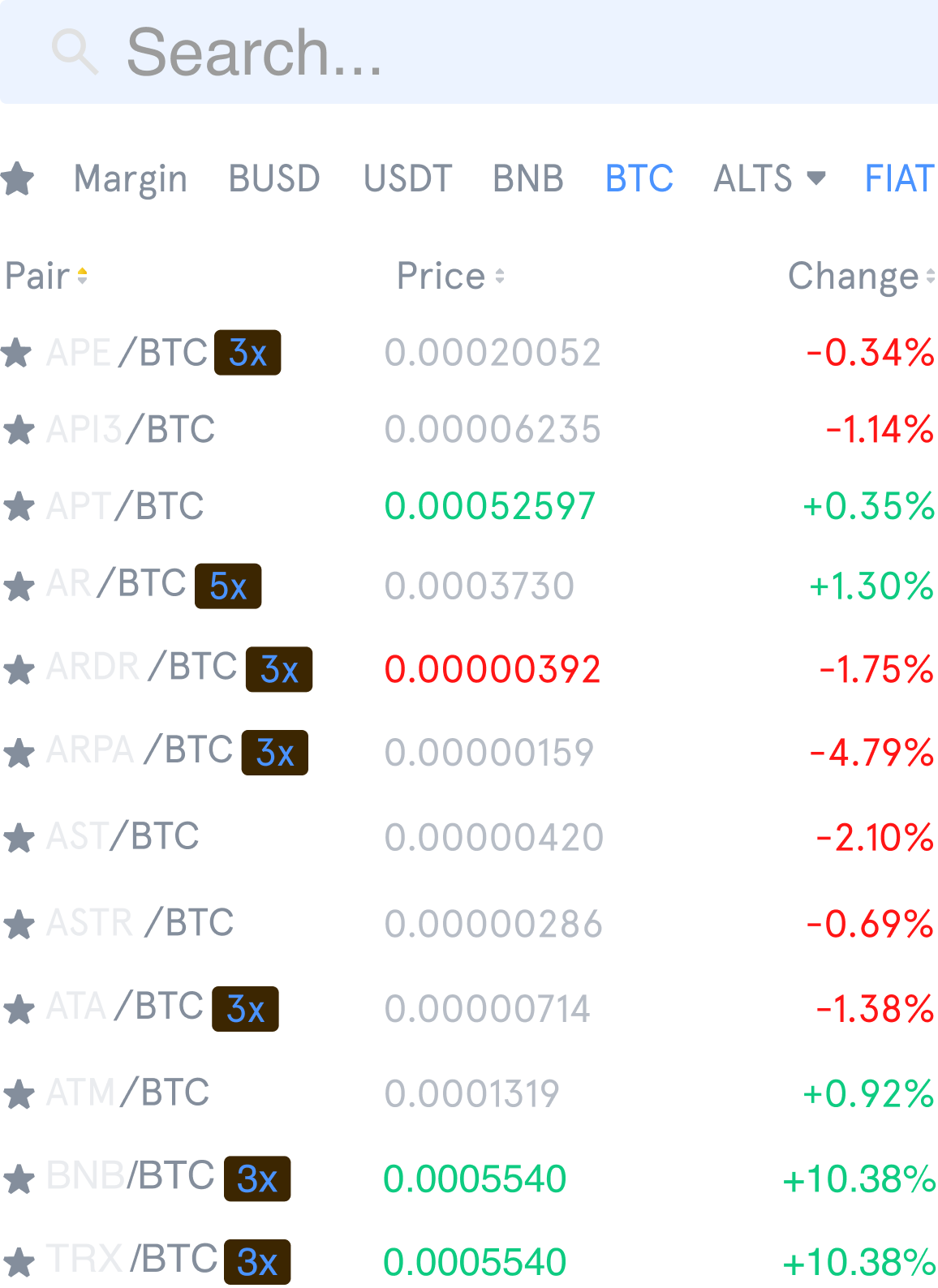 Trading Pairs Selection Interface